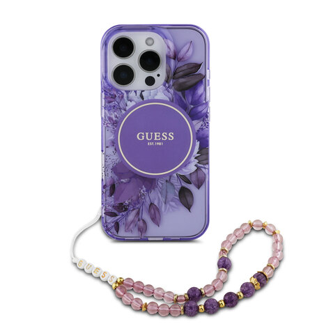 Guess Guess iPhone 16 Pro Max Back-Cover hul - Magsafe IML Flowers with pearl strap - Lila Guess Guess iPhone 16 Pro Max Back-Cover hul - Magsafe IML Flowers with pearl strap - Lila