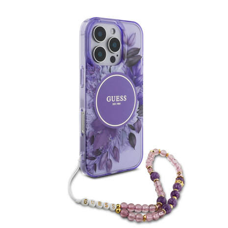 Guess Guess iPhone 16 Pro Max Back cover case - Magsafe IML Flowers with pearl strap - Purple Guess Guess iPhone 16 Pro Max Back cover case - Magsafe IML Flowers with pearl strap - Purple