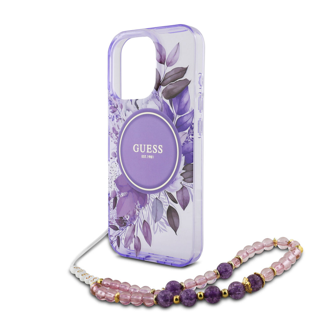 Guess Guess iPhone 16 Pro Max Back-Cover hul - Magsafe IML Flowers with pearl strap - Lila Guess Guess iPhone 16 Pro Max Back-Cover hul - Magsafe IML Flowers with pearl strap - Lila