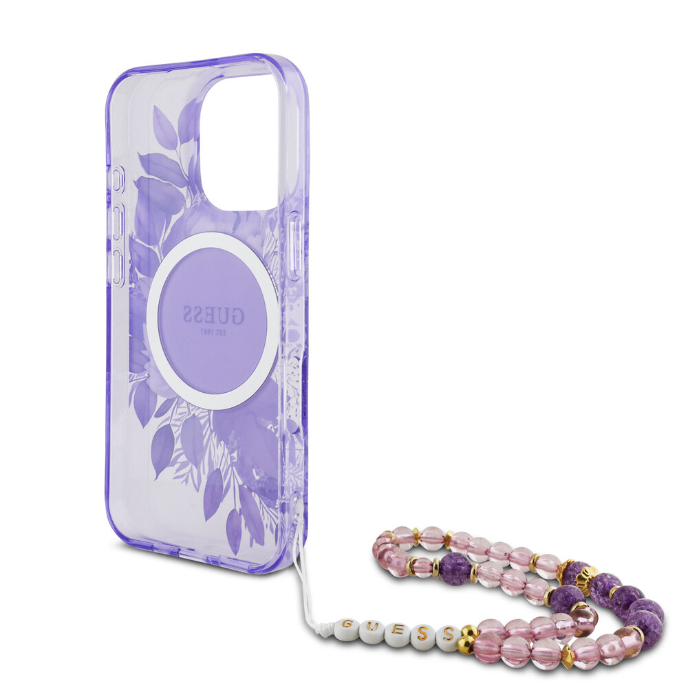 Guess Guess iPhone 16 Pro Max Back cover case - Magsafe IML Flowers with pearl strap - Purple Guess Guess iPhone 16 Pro Max Back cover case - Magsafe IML Flowers with pearl strap - Purple