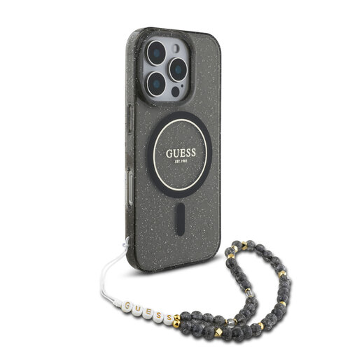 Guess Guess iPhone 16 Pro Max Back-Cover hul - Magsafe ML Glitter with pearl strap - Schwarz