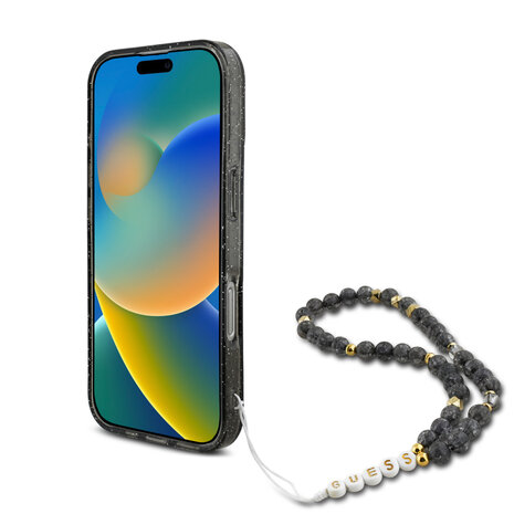 Guess Guess iPhone 16 Pro Max Backcover hoesje Magsafe ML Glitter with pearl strap - Zwart Guess Guess iPhone 16 Pro Max Backcover hoesje Magsafe ML Glitter with pearl strap - Zwart
