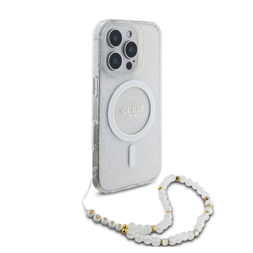Guess Guess iPhone 16 Pro Max Back cover coque Magsafe ML Glitter with pearl strap - Transparent Guess Guess iPhone 16 Pro Max Back cover coque Magsafe ML Glitter with pearl strap - Transparent