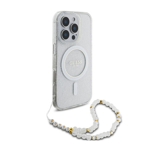 Guess Guess iPhone 16 Pro Max Back cover coque Magsafe ML Glitter with pearl strap - Transparent Guess Guess iPhone 16 Pro Max Back cover coque Magsafe ML Glitter with pearl strap - Transparent
