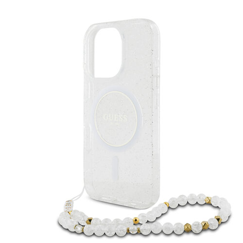 Guess Guess iPhone 16 Pro Max Back cover case - Magsafe ML Glitter with pearl strap - Transparent