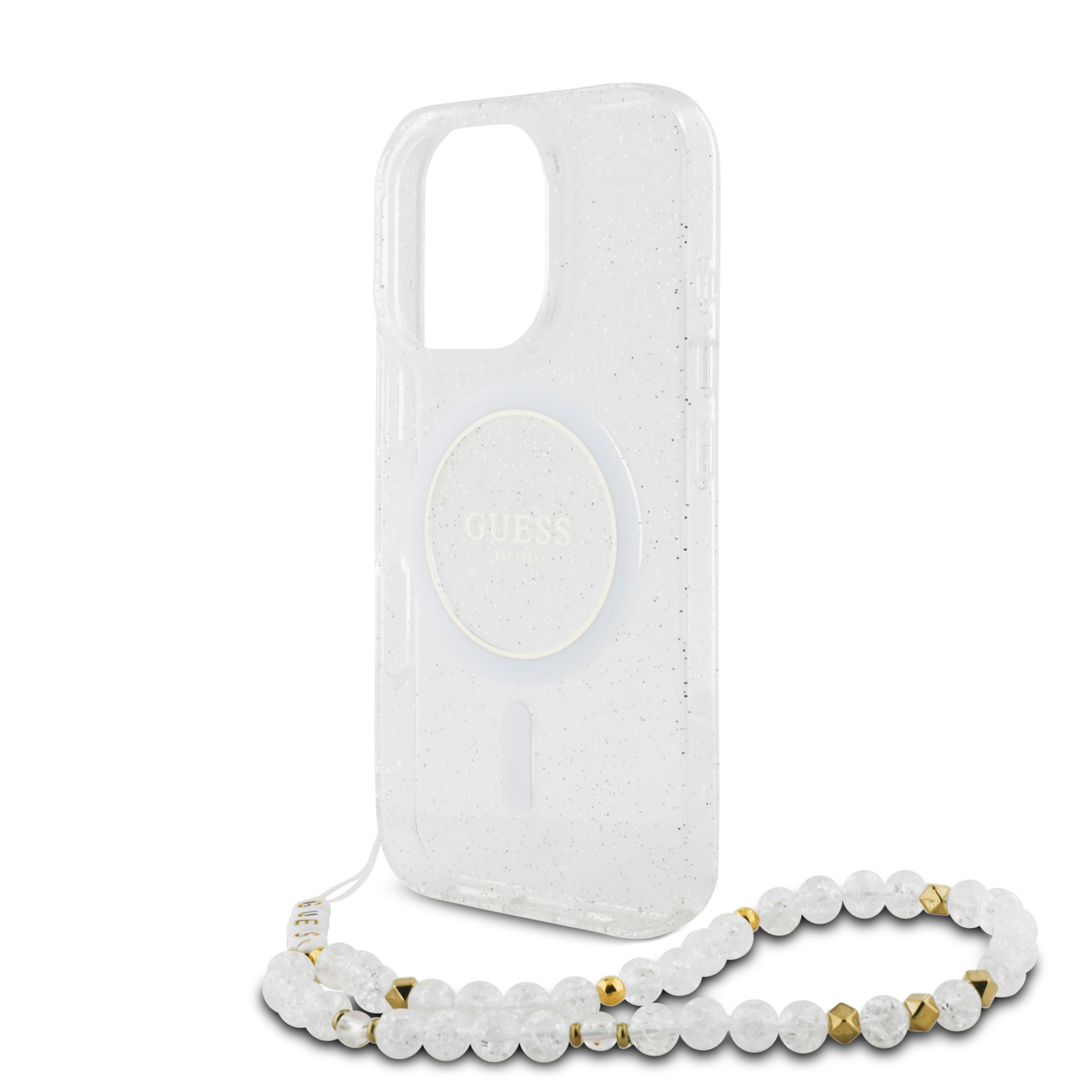 Guess Guess iPhone 16 Pro Max Backcover hoesje Magsafe ML Glitter with pearl strap - Transparant, foto 4 van 6