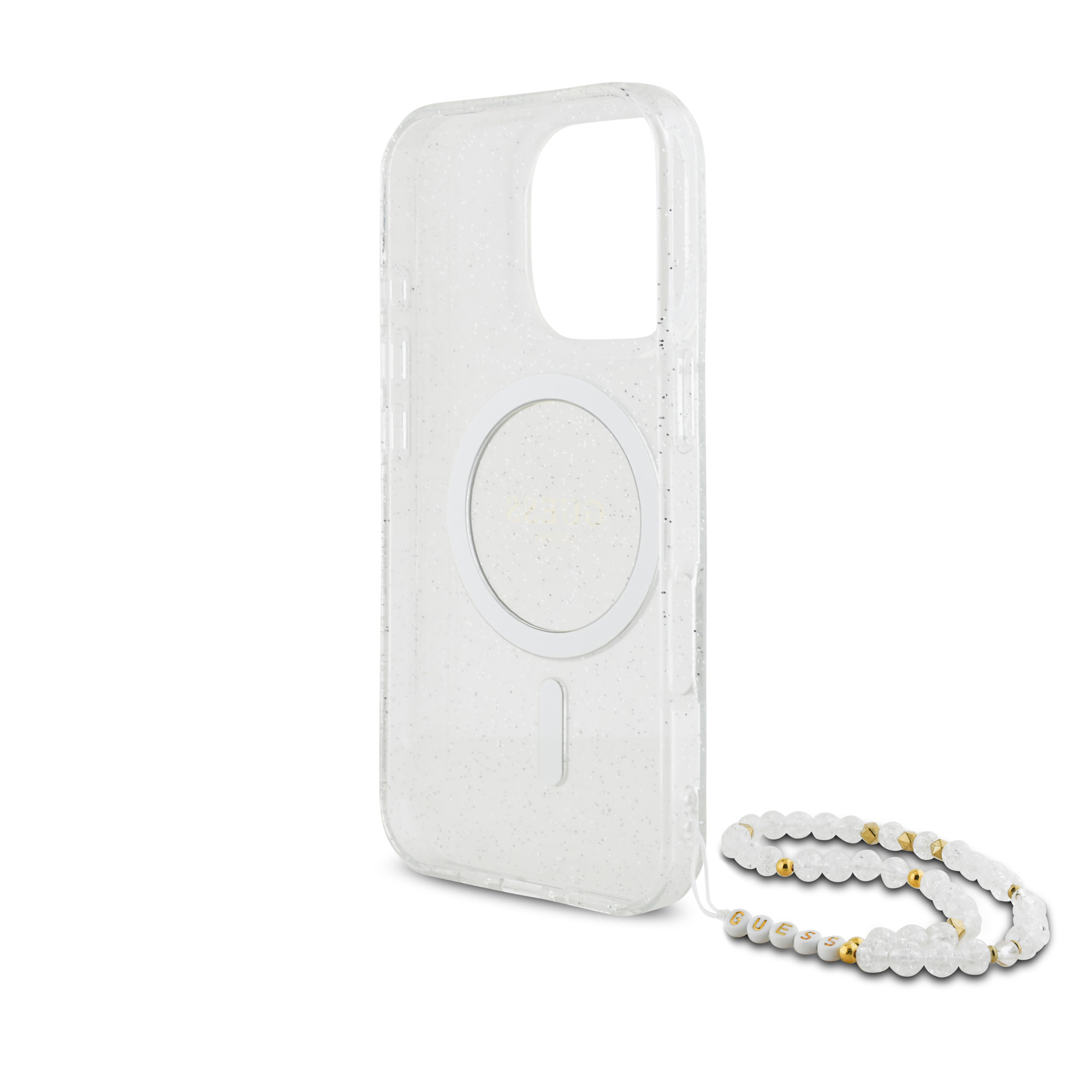 Guess Guess iPhone 16 Pro Max Backcover hoesje Magsafe ML Glitter with pearl strap - Transparant, foto 5 van 6