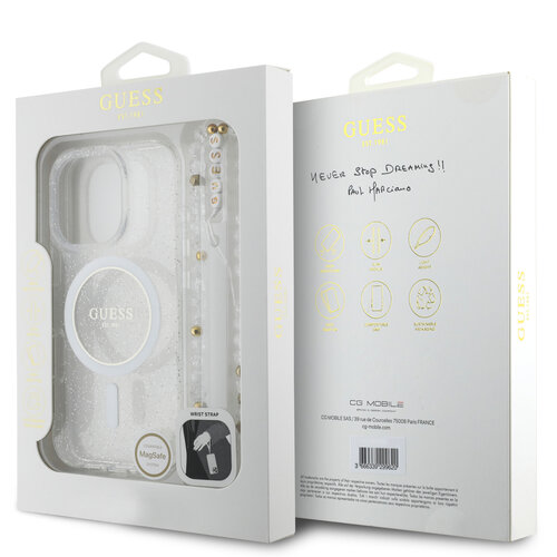 Guess Guess iPhone 16 Pro Max Back cover coque Magsafe ML Glitter with pearl strap - Transparent