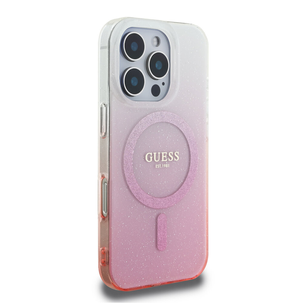 Guess Guess iPhone 16 Pro Max Backcover hoesje Magsafe IML glitter gradient - Roze Guess Guess iPhone 16 Pro Max Backcover hoesje Magsafe IML glitter gradient - Roze