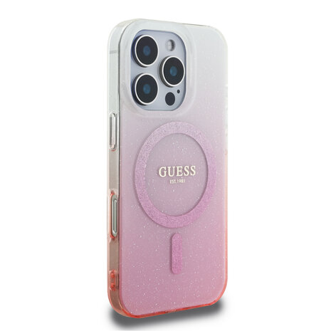 Guess Guess iPhone 16 Pro Max Backcover hoesje Magsafe IML glitter gradient - Roze Guess Guess iPhone 16 Pro Max Backcover hoesje Magsafe IML glitter gradient - Roze