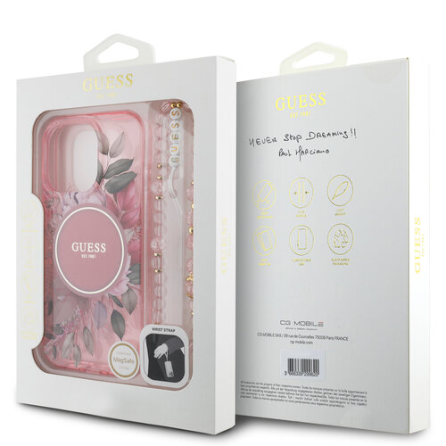 Guess Guess iPhone 16 Pro Back-Cover hul - Magsafe IML Flowers with pearl strap - Rosa