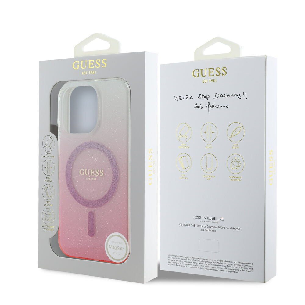 Guess Guess iPhone 16 Pro Back cover coque Magsafe IML glitter gradient - Rose Guess Guess iPhone 16 Pro Back cover coque Magsafe IML glitter gradient - Rose