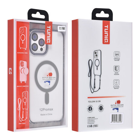 TUNIQ TUNIQ iPhone 12 Pro Max Back cover case - neck cord - magsafe - Grey TUNIQ TUNIQ iPhone 12 Pro Max Back cover case - neck cord - magsafe - Grey
