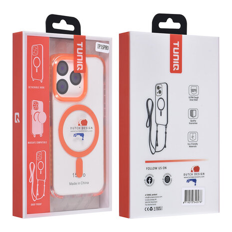 TUNIQ TUNIQ iPhone 15 Pro Back-Cover hul - neck cord - magsafe - Orange TUNIQ TUNIQ iPhone 15 Pro Back-Cover hul - neck cord - magsafe - Orange