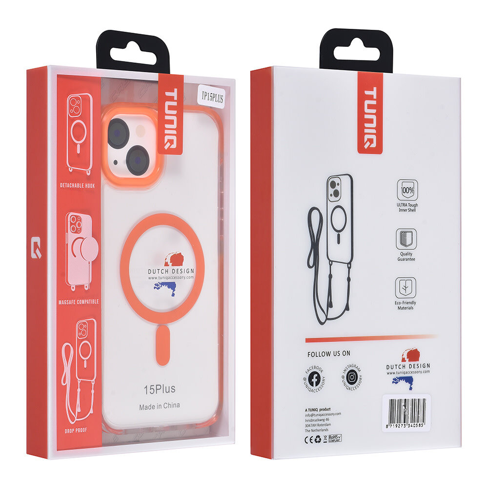 TUNIQ TUNIQ iPhone 15 Plus Backcover hoesje neck cord - magsafe - Oranje TUNIQ TUNIQ iPhone 15 Plus Backcover hoesje neck cord - magsafe - Oranje
