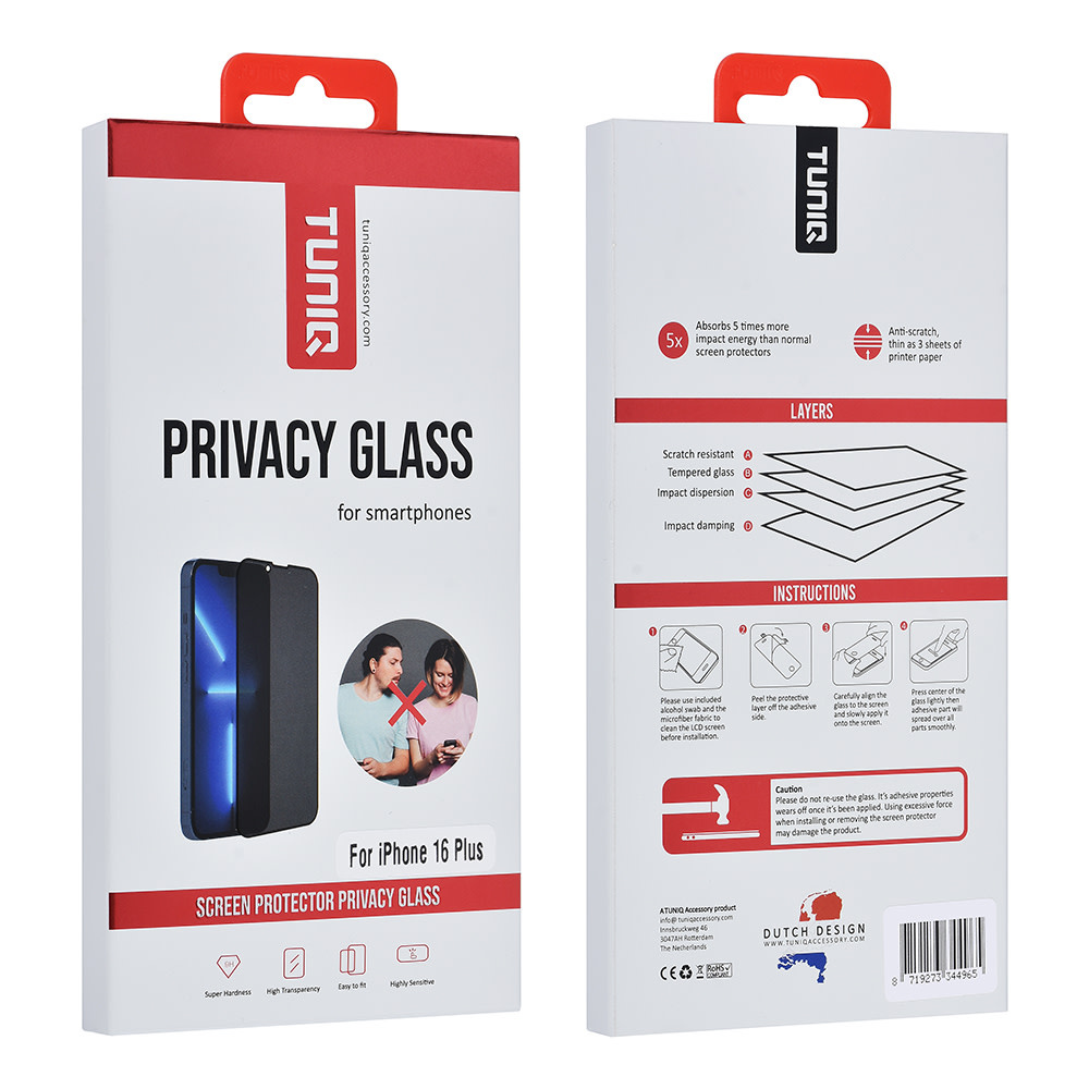 TUNIQ box of 10 - TUNIQ iPhone 16 Plus Screenprotector - Privacy Glass - Zwart, foto 2 van 2