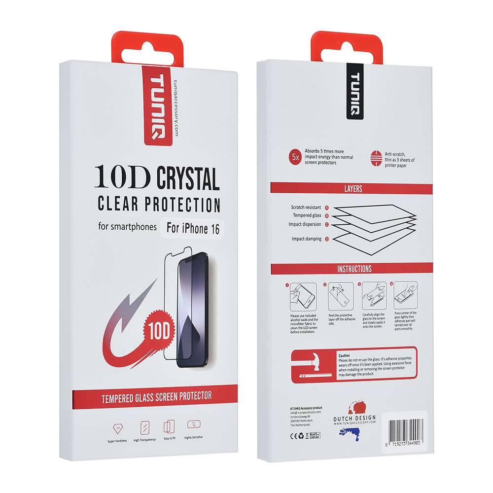 TUNIQ Box of 10 - TUNIQ iPhone 16 10D Full coverage Screenprotector - Zwarte Rand, foto 2 van 2