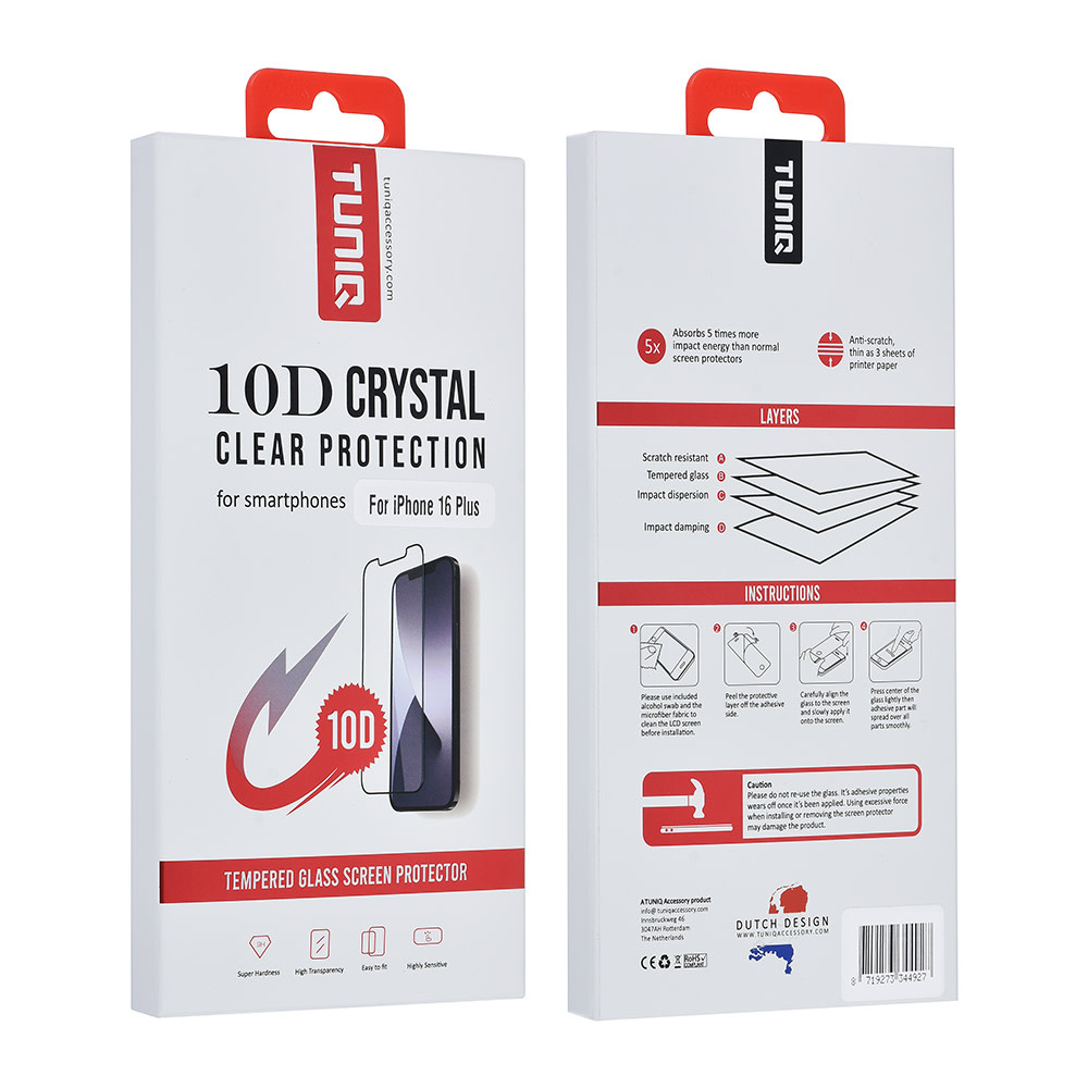 TUNIQ Box of 10 - TUNIQ iPhone 16 Plus 10D Full coverage Screenprotector - Zwarte Rand, foto 2 van 2