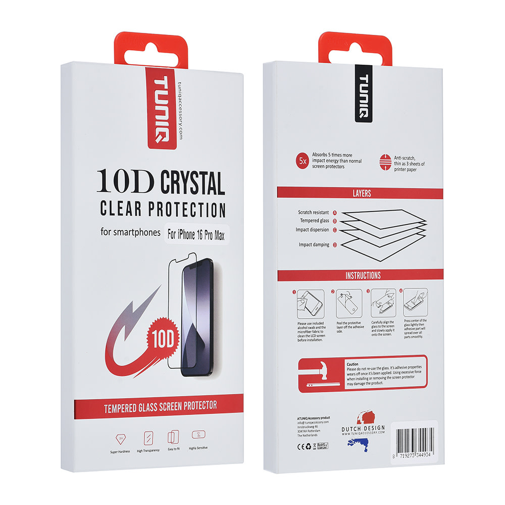 TUNIQ Box of 10 - TUNIQ iPhone 16 Pro Max 10D Full coverage Screenprotector - Zwarte Rand, foto 2 van 2