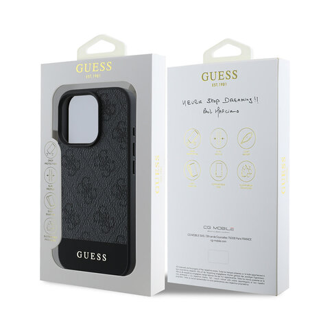 Guess Guess iPhone 16 Pro Max Back cover coque - Magsafe - 4G PU Leather - Bottom Stripe - Gris Guess Guess iPhone 16 Pro Max Back cover coque - Magsafe - 4G PU Leather - Bottom Stripe - Gris