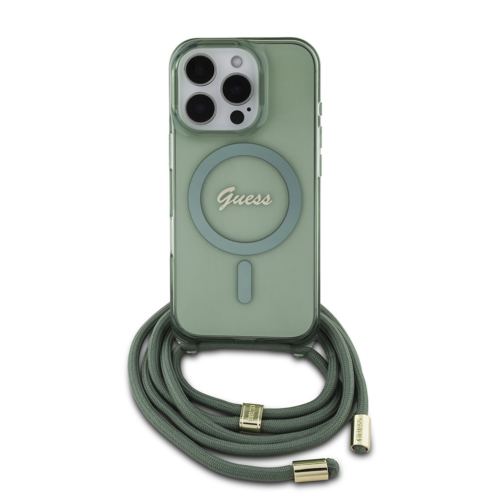 Guess Guess iPhone 16 Pro Backcover hoesje Magsafe IML crossbody cord - Groen