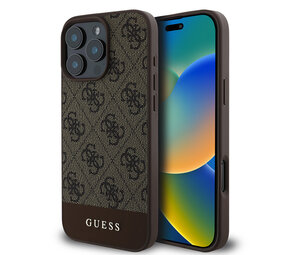 Guess Guess iPhone 16 Pro Back cover coque - Magsafe - 4G PU Leather - Bottom Stripe - Marron