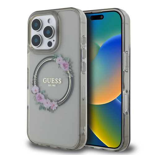 Guess Guess iPhone 16 Pro Back cover case - Magsafe IML flowers wreath - Black