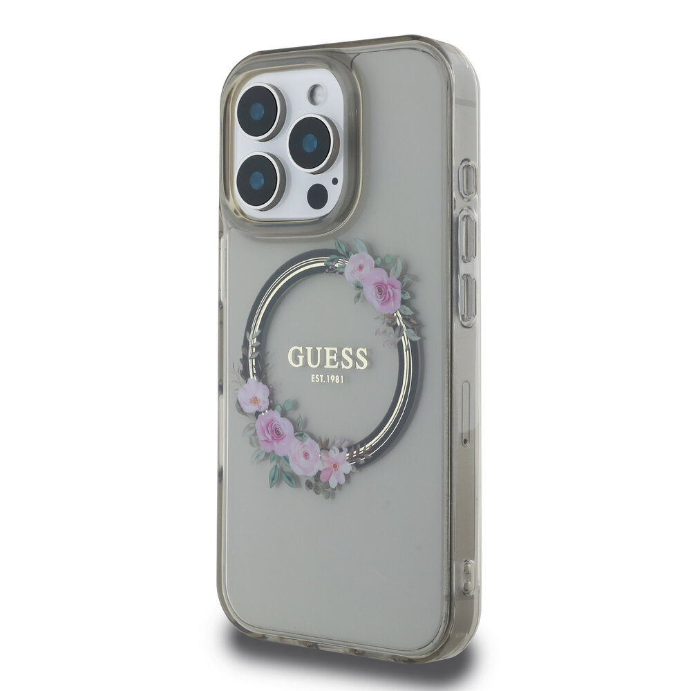 Guess Guess iPhone 16 Pro Back-Cover hul - Magsafe IML flowers wreath - Schwarz Guess Guess iPhone 16 Pro Back-Cover hul - Magsafe IML flowers wreath - Schwarz