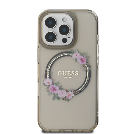 Guess Guess iPhone 16 Pro Back-Cover hul - Magsafe IML flowers wreath - Schwarz Guess Guess iPhone 16 Pro Back-Cover hul - Magsafe IML flowers wreath - Schwarz