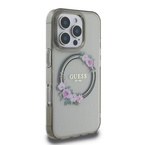 Guess Guess iPhone 16 Pro Back cover case - Magsafe IML flowers wreath - Black
