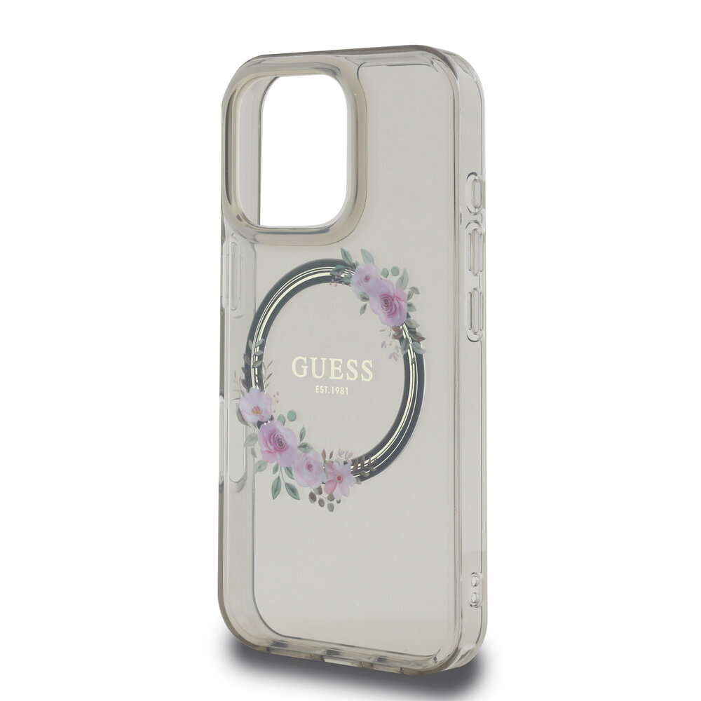 Guess Guess iPhone 16 Pro Back cover case - Magsafe IML flowers wreath - Black Guess Guess iPhone 16 Pro Back cover case - Magsafe IML flowers wreath - Black