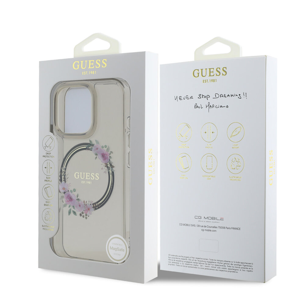 Guess Guess iPhone 16 Pro Back cover case - Magsafe IML flowers wreath - Black Guess Guess iPhone 16 Pro Back cover case - Magsafe IML flowers wreath - Black