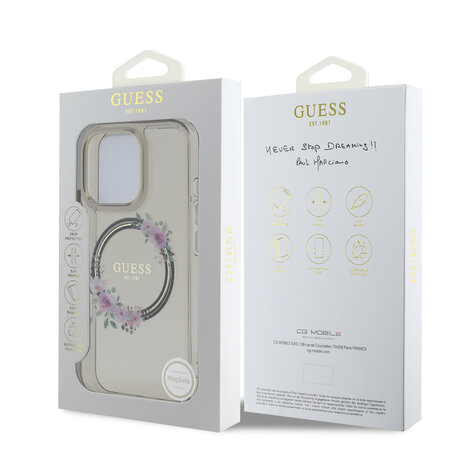 Guess Guess iPhone 16 Pro Back cover case - Magsafe IML flowers wreath - Black Guess Guess iPhone 16 Pro Back cover case - Magsafe IML flowers wreath - Black