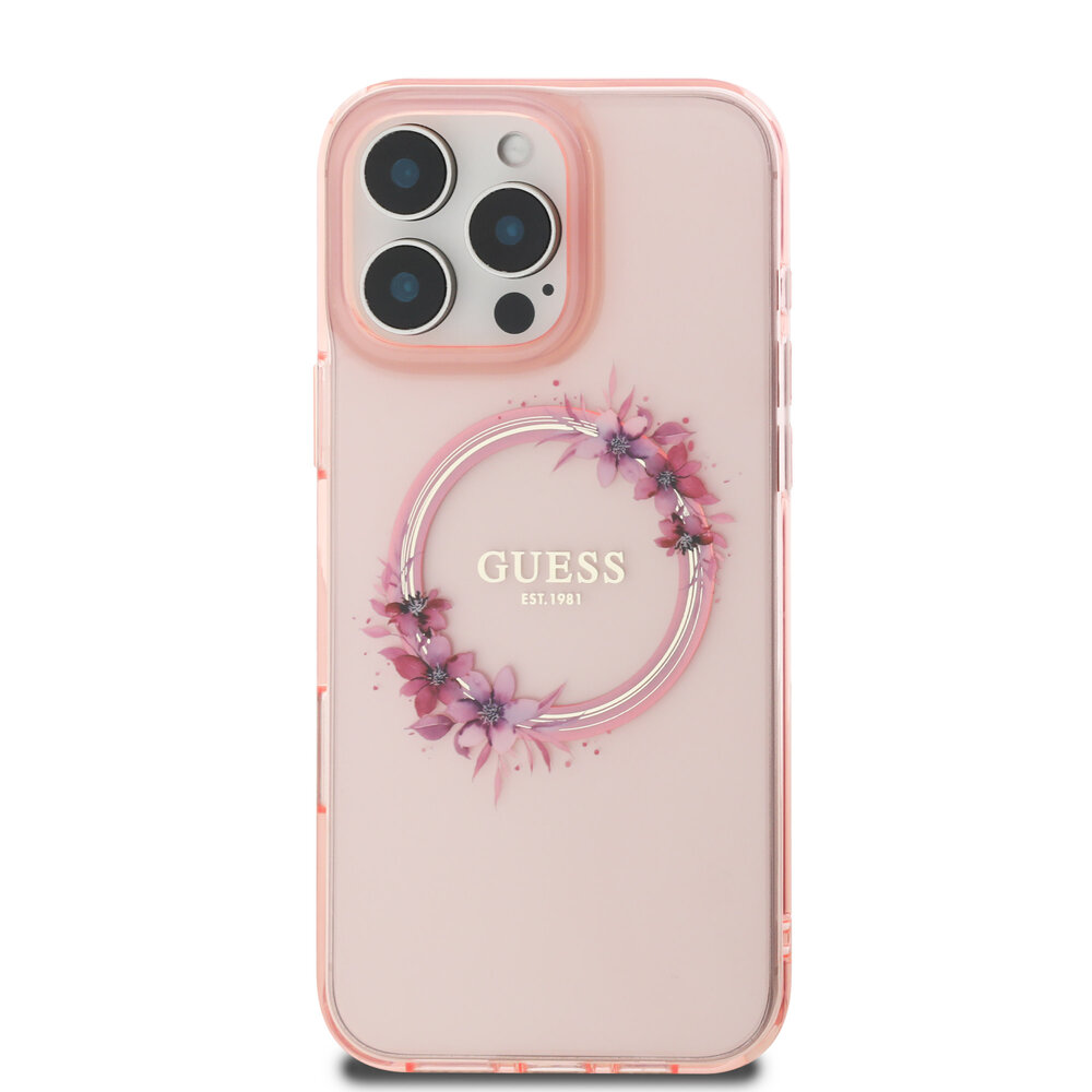 Guess Guess iPhone 16 Pro Back cover case - Magsafe IML flowers wreath - Pink Guess Guess iPhone 16 Pro Back cover case - Magsafe IML flowers wreath - Pink