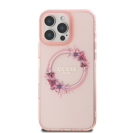 Guess Guess iPhone 16 Pro Back cover coque Magsafe IML flowers wreath - Rose Guess Guess iPhone 16 Pro Back cover coque Magsafe IML flowers wreath - Rose