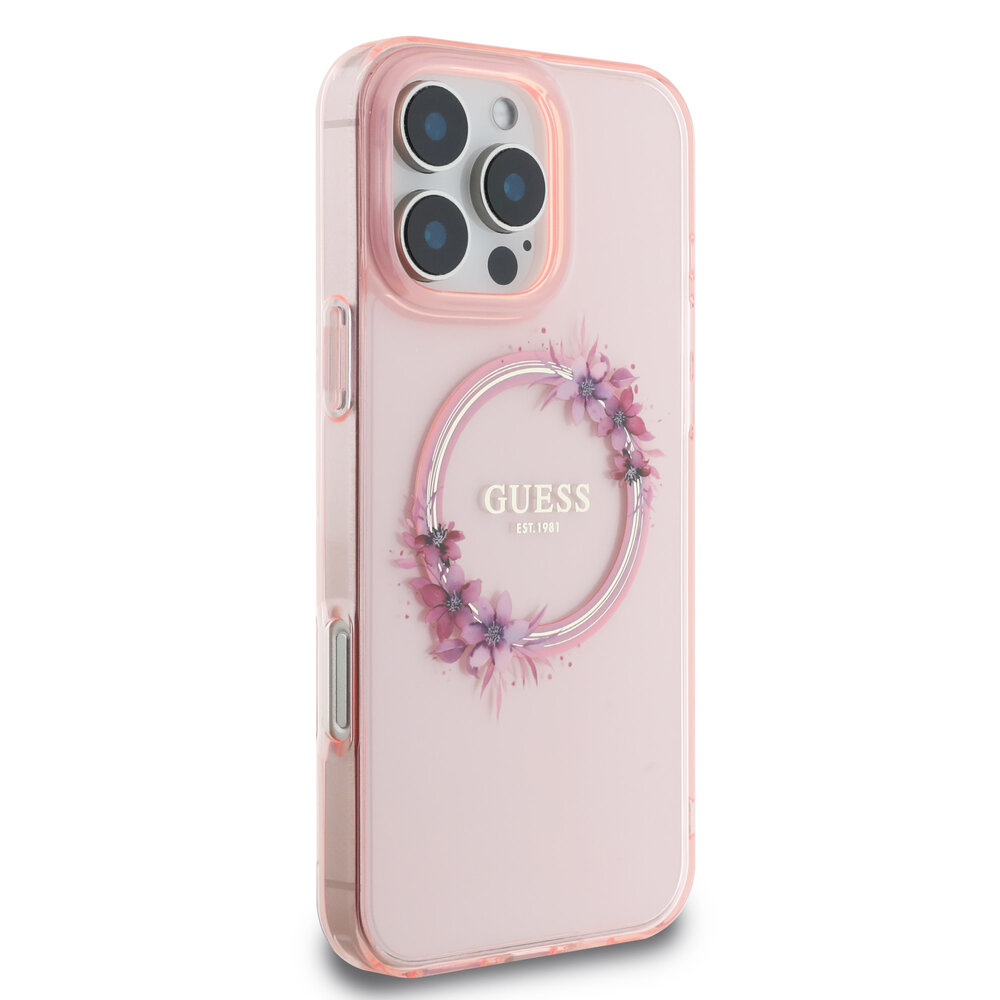 Guess Guess iPhone 16 Pro Back-Cover hul - Magsafe IML flowers wreath - Rosa Guess Guess iPhone 16 Pro Back-Cover hul - Magsafe IML flowers wreath - Rosa