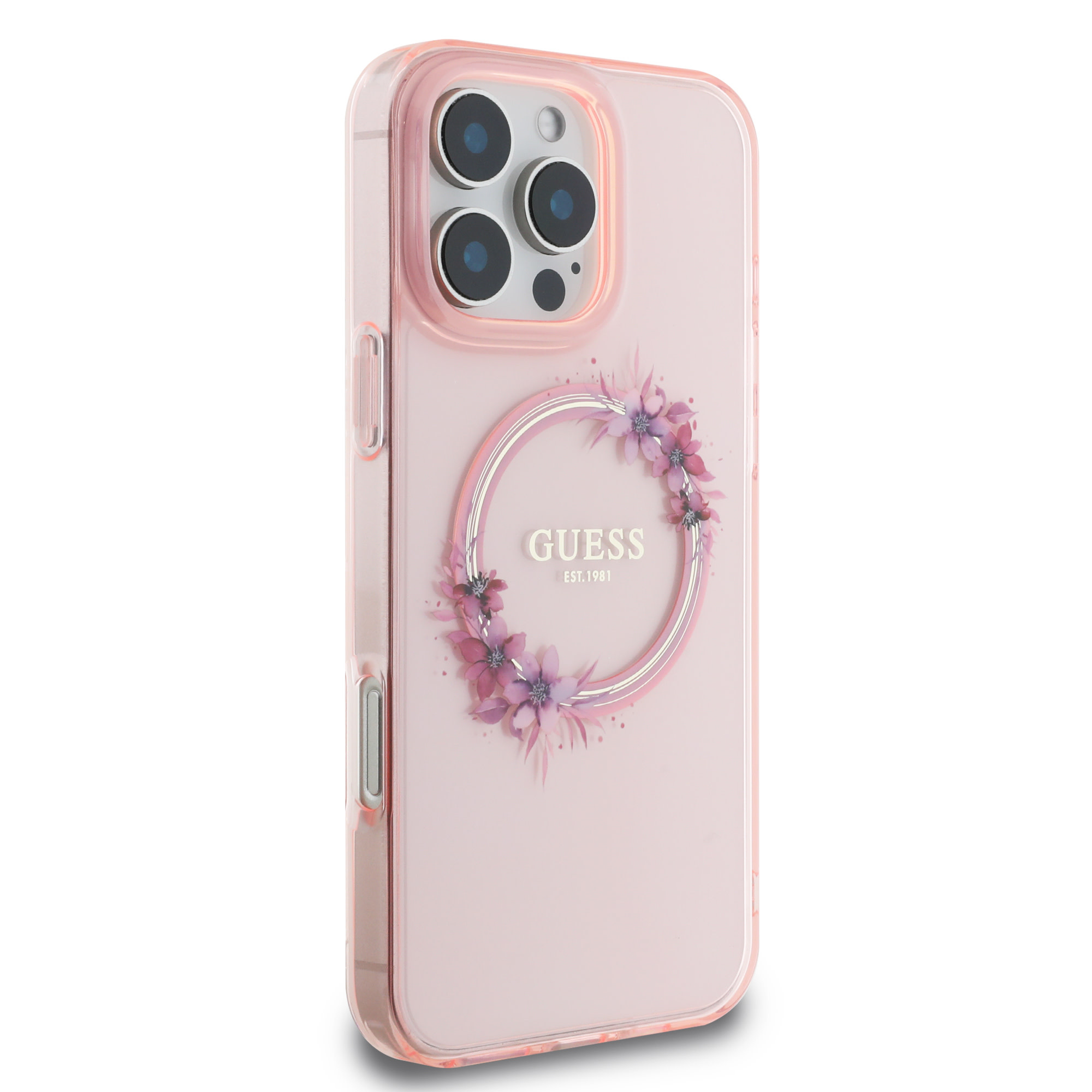 Guess Guess iPhone 16 Pro Backcover hoesje Magsafe IML flowers wreath - Roze, foto 4 van 6