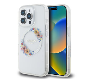 Guess Guess iPhone 16 Pro Back-Cover hul - Magsafe IML flowers wreath - Transparent Guess Guess iPhone 16 Pro Back-Cover hul - Magsafe IML flowers wreath - Transparent