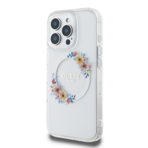 Guess Guess iPhone 16 Pro Back cover case - Magsafe IML flowers wreath - Transparent
