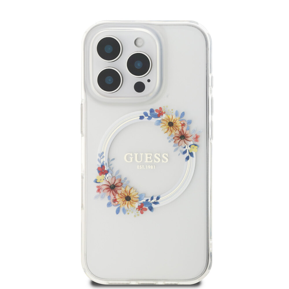 Guess Guess iPhone 16 Pro Back cover coque Magsafe IML flowers wreath - Transparent Guess Guess iPhone 16 Pro Back cover coque Magsafe IML flowers wreath - Transparent