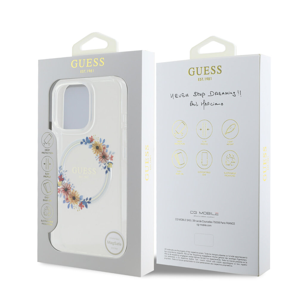 Guess Guess iPhone 16 Pro Back-Cover hul - Magsafe IML flowers wreath - Transparent Guess Guess iPhone 16 Pro Back-Cover hul - Magsafe IML flowers wreath - Transparent