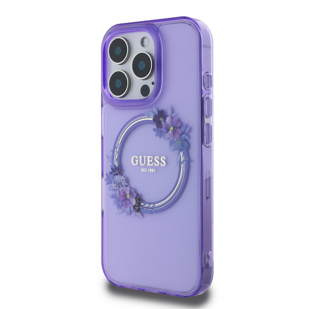 Guess Guess iPhone 16 Pro Backcover hoesje Magsafe IML flowers wreath - Paars Guess Guess iPhone 16 Pro Backcover hoesje Magsafe IML flowers wreath - Paars