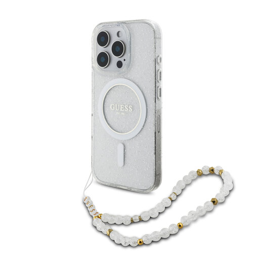 Guess Guess iPhone 16 Pro Back cover coque Magsafe IML Glitter with pearls strap - Transparent