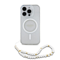 Guess iPhone 16 Pro Back cover case - Magsafe IML Glitter with pearls strap - Transparent