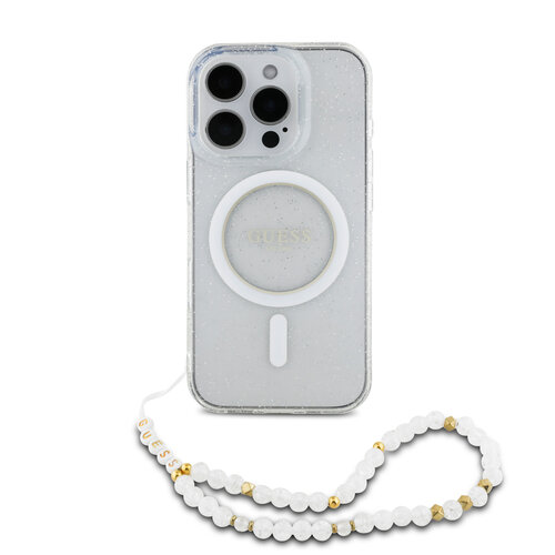 Guess Guess iPhone 16 Pro Back cover case - Magsafe IML Glitter with pearls strap - Transparent