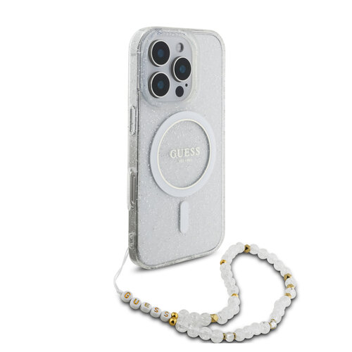Guess Guess iPhone 16 Pro Back-Cover hul - Magsafe IML Glitter with pearls strap - Transparent