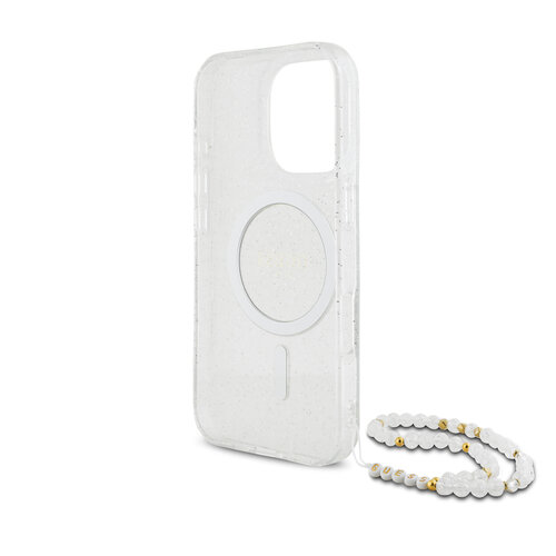 Guess Guess iPhone 16 Pro Back cover case - Magsafe IML Glitter with pearls strap - Transparent