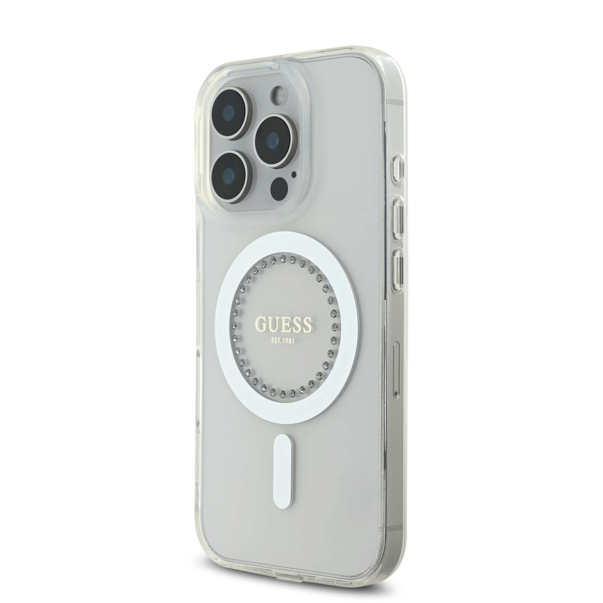 Guess Guess iPhone 16 Pro Backcover hoesje Magsafe IML Rhinestones - Wit, foto 2 van 6
