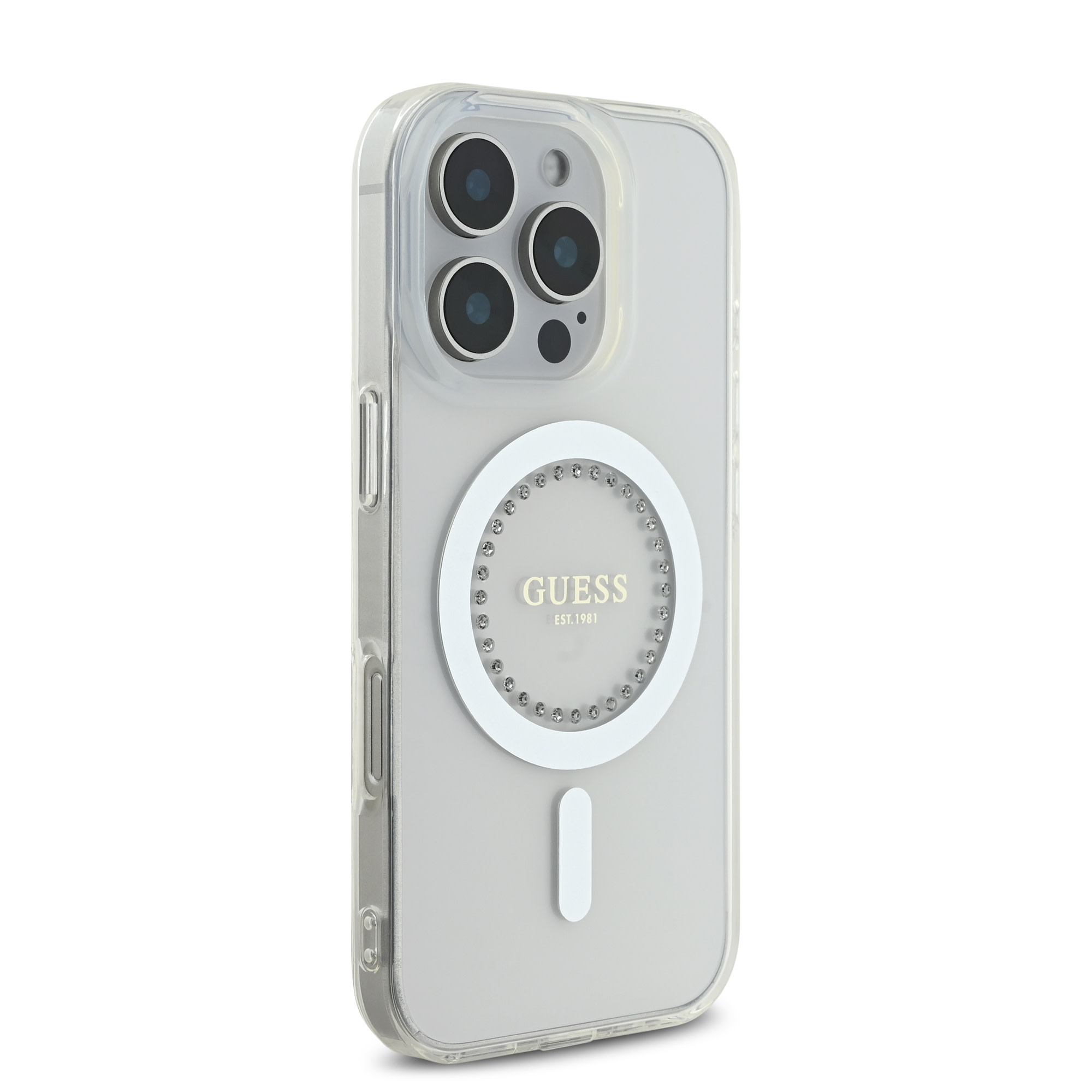 Guess Guess iPhone 16 Pro Backcover hoesje Magsafe IML Rhinestones - Wit, foto 4 van 6