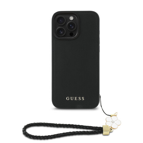 Guess Guess iPhone 16 Pro Back cover case - Magsafe grained - flower charm strap - Black Guess Guess iPhone 16 Pro Back cover case - Magsafe grained - flower charm strap - Black
